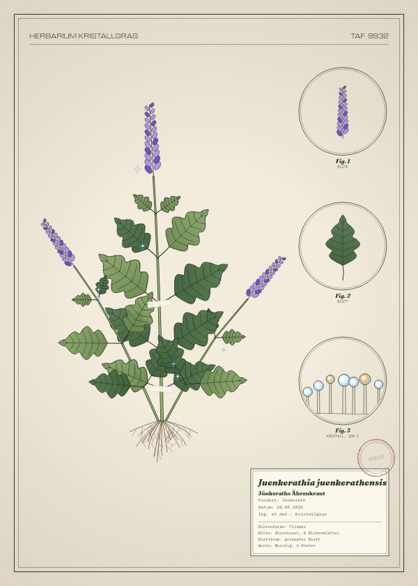 Botanische Tafel: Juenkerathia juenkerathensis, eine erfundene Pflanze aus Jünkerath, gezeichnet wie in einem alten Pflanzenatlas