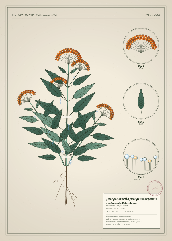Botanische Tafel: Juergenstorfia juergenstorfensis, eine erfundene Pflanze aus Jürgenstorf, gezeichnet wie in einem alten Pflanzenatlas