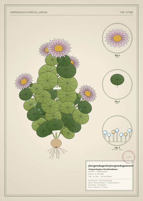 Botanische Tafel: Juergenshagenia juergenshagenensis, eine erfundene Pflanze aus Jürgenshagen, gezeichnet wie in einem alten Pflanzenatlas