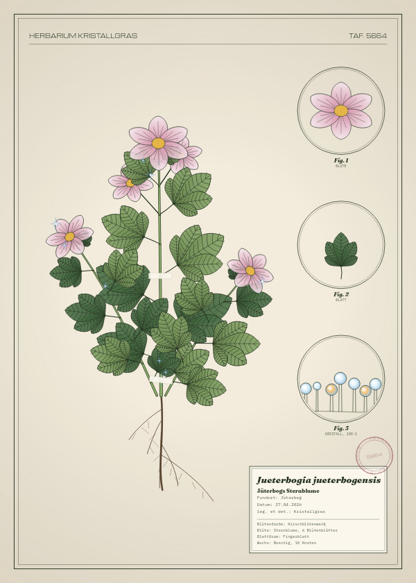 Botanische Tafel: Jueterbogia jueterbogensis, eine erfundene Pflanze aus Jüterbog, gezeichnet wie in einem alten Pflanzenatlas