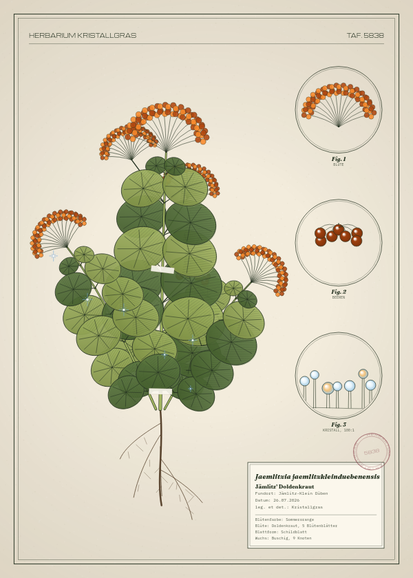 Botanische Tafel: Jaemlitzia jaemlitzkleinduebenensis, eine erfundene Pflanze aus Jämlitz-Klein Düben, gezeichnet wie in einem alten Pflanzenatlas