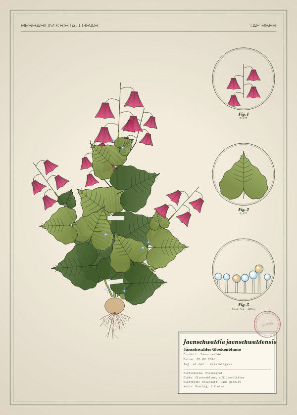 Botanische Tafel: Jaenschwaldia jaenschwaldensis, eine erfundene Pflanze aus Jänschwalde, gezeichnet wie in einem alten Pflanzenatlas