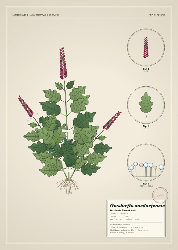 Botanische Tafel: Onsdorfia onsdorfensis, eine erfundene Pflanze aus Onsdorf, gezeichnet wie in einem alten Pflanzenatlas