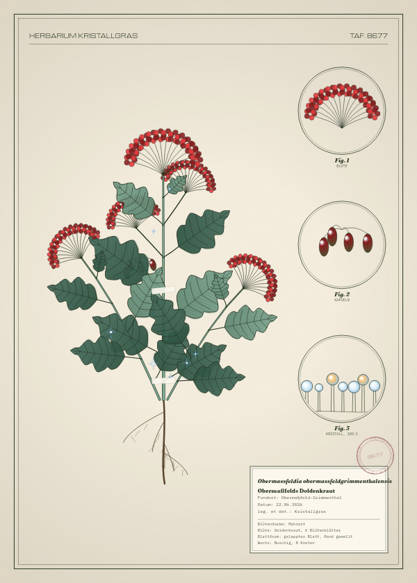 Botanische Tafel: Obermassfeldia obermassfeldgrimmenthalensis, eine erfundene Pflanze aus Obermaßfeld-Grimmenthal, gezeichnet wie in einem alten Pflanzenatlas