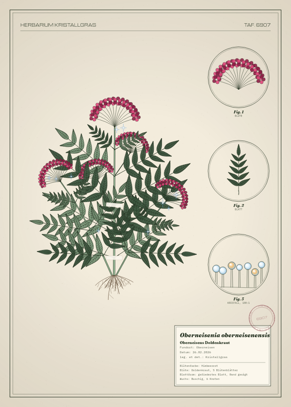 Botanische Tafel: Oberneisenia oberneisenensis, eine erfundene Pflanze aus Oberneisen, gezeichnet wie in einem alten Pflanzenatlas