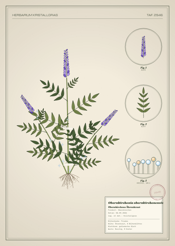 Botanische Tafel: Obernkirchenia obernkirchenensis, eine erfundene Pflanze aus Obernkirchen, gezeichnet wie in einem alten Pflanzenatlas