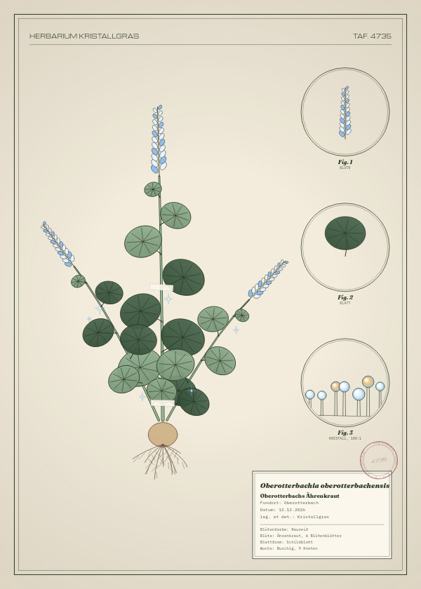 Botanische Tafel: Oberotterbachia oberotterbachensis, eine erfundene Pflanze aus Oberotterbach, gezeichnet wie in einem alten Pflanzenatlas