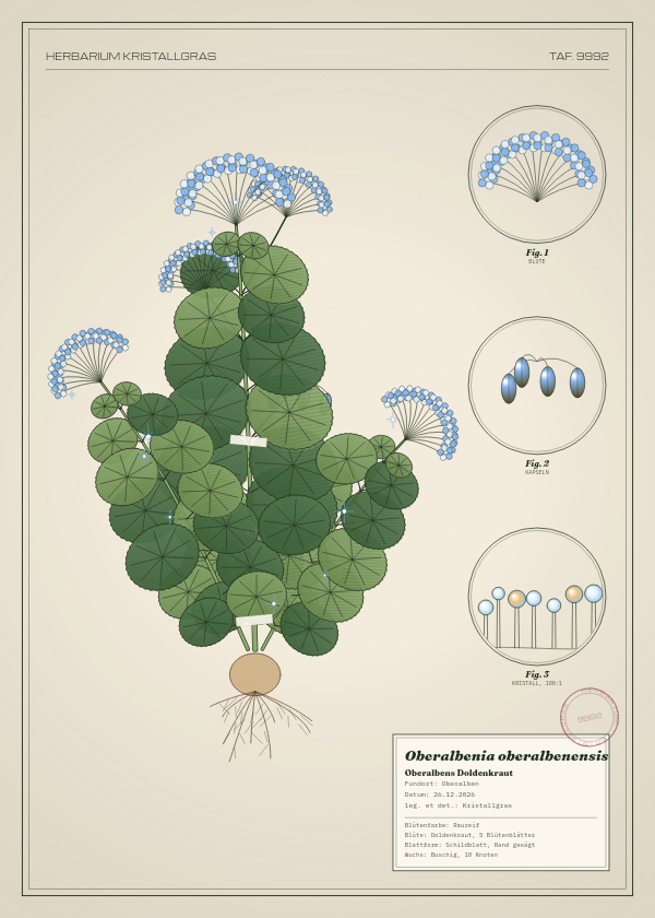 Botanische Tafel: Oberalbenia oberalbenensis, eine erfundene Pflanze aus Oberalben, gezeichnet wie in einem alten Pflanzenatlas
