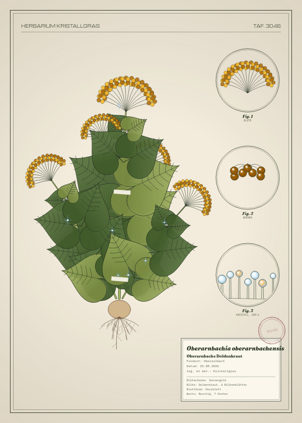 Botanische Tafel: Oberarnbachia oberarnbachensis, eine erfundene Pflanze aus Oberarnbach, gezeichnet wie in einem alten Pflanzenatlas
