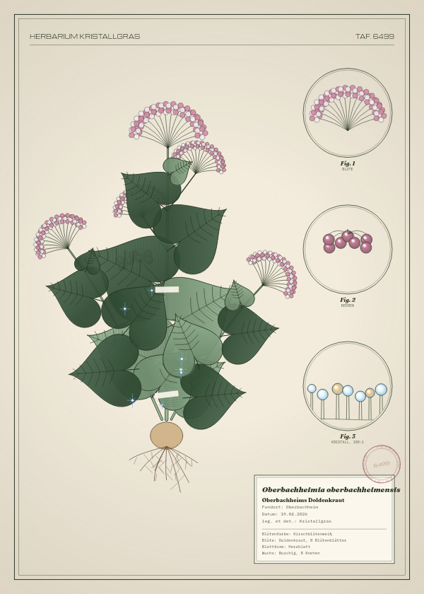 Botanische Tafel: Oberbachheimia oberbachheimensis, eine erfundene Pflanze aus Oberbachheim, gezeichnet wie in einem alten Pflanzenatlas