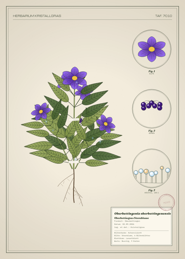 Botanische Tafel: Oberbettingenia oberbettingenensis, eine erfundene Pflanze aus Oberbettingen, gezeichnet wie in einem alten Pflanzenatlas