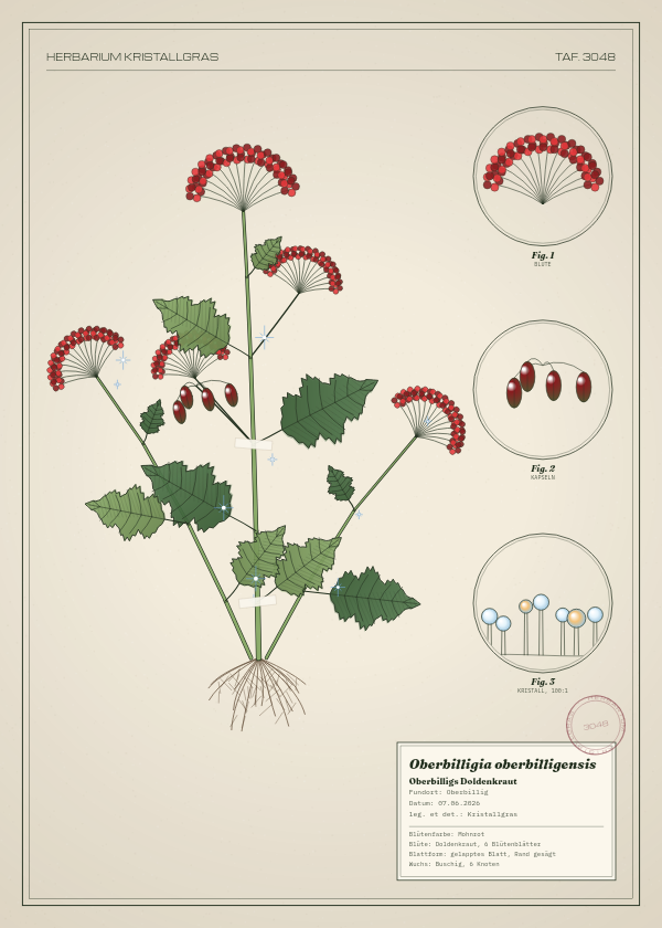 Botanische Tafel: Oberbilligia oberbilligensis, eine erfundene Pflanze aus Oberbillig, gezeichnet wie in einem alten Pflanzenatlas