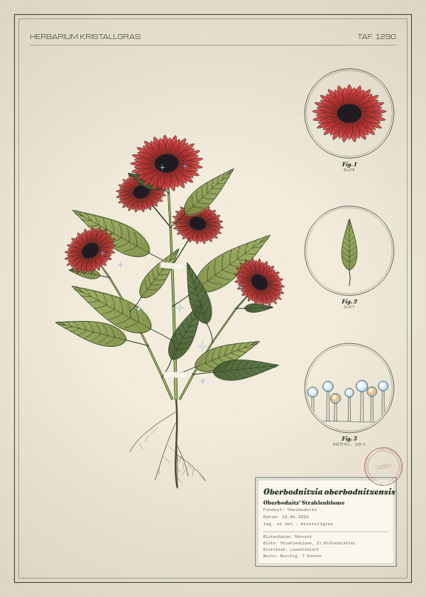 Botanische Tafel: Oberbodnitzia oberbodnitzensis, eine erfundene Pflanze aus Oberbodnitz, gezeichnet wie in einem alten Pflanzenatlas