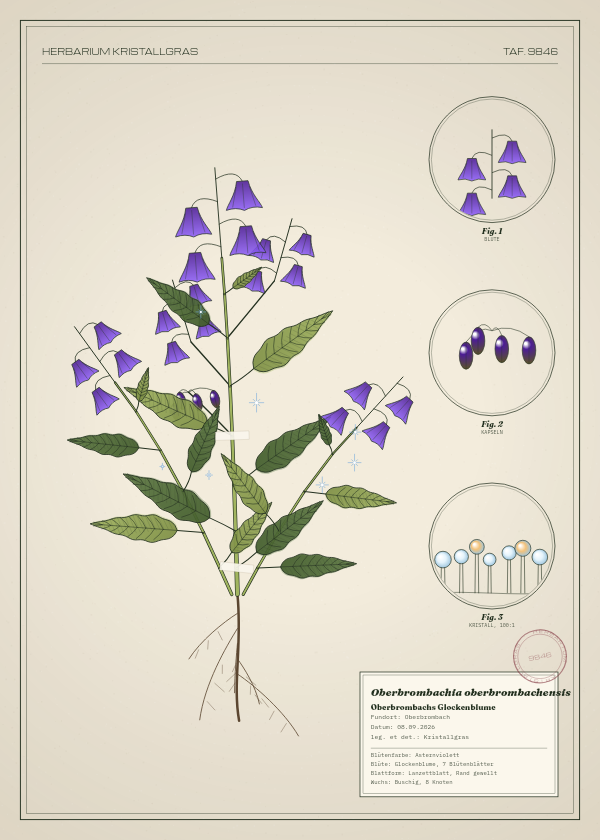 Botanische Tafel: Oberbrombachia oberbrombachensis, eine erfundene Pflanze aus Oberbrombach, gezeichnet wie in einem alten Pflanzenatlas