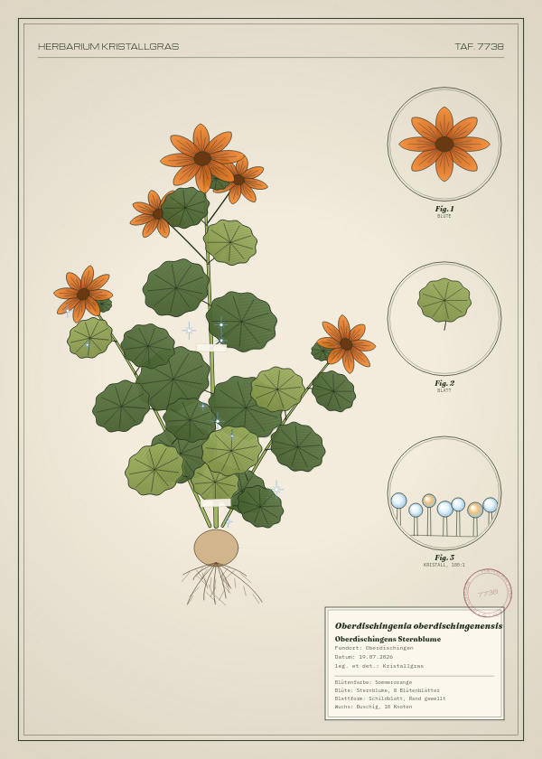 Botanische Tafel: Oberdischingenia oberdischingenensis, eine erfundene Pflanze aus Oberdischingen, gezeichnet wie in einem alten Pflanzenatlas
