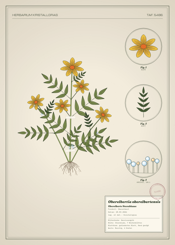 Botanische Tafel: Oberelbertia oberelbertensis, eine erfundene Pflanze aus Oberelbert, gezeichnet wie in einem alten Pflanzenatlas
