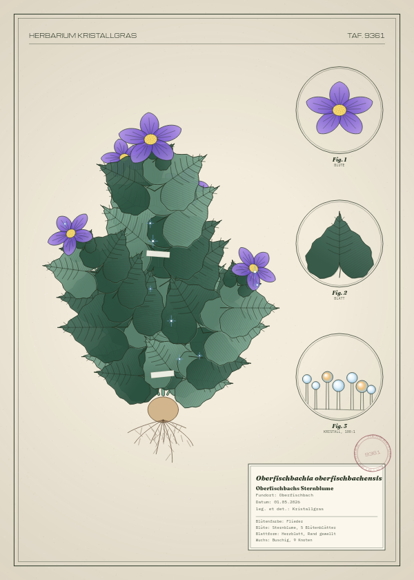 Botanische Tafel: Oberfischbachia oberfischbachensis, eine erfundene Pflanze aus Oberfischbach, gezeichnet wie in einem alten Pflanzenatlas