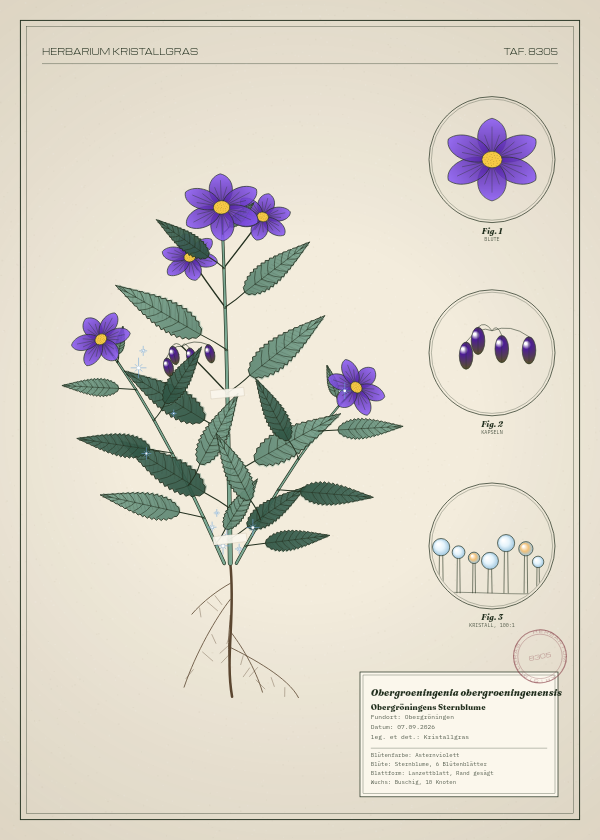 Botanische Tafel: Obergroeningenia obergroeningenensis, eine erfundene Pflanze aus Obergröningen, gezeichnet wie in einem alten Pflanzenatlas