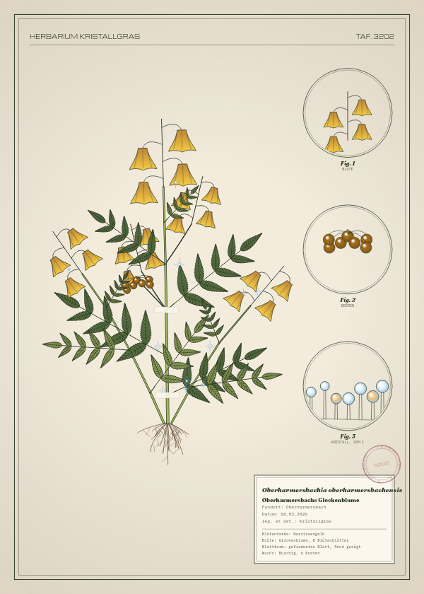 Botanische Tafel: Oberharmersbachia oberharmersbachensis, eine erfundene Pflanze aus Oberharmersbach, gezeichnet wie in einem alten Pflanzenatlas