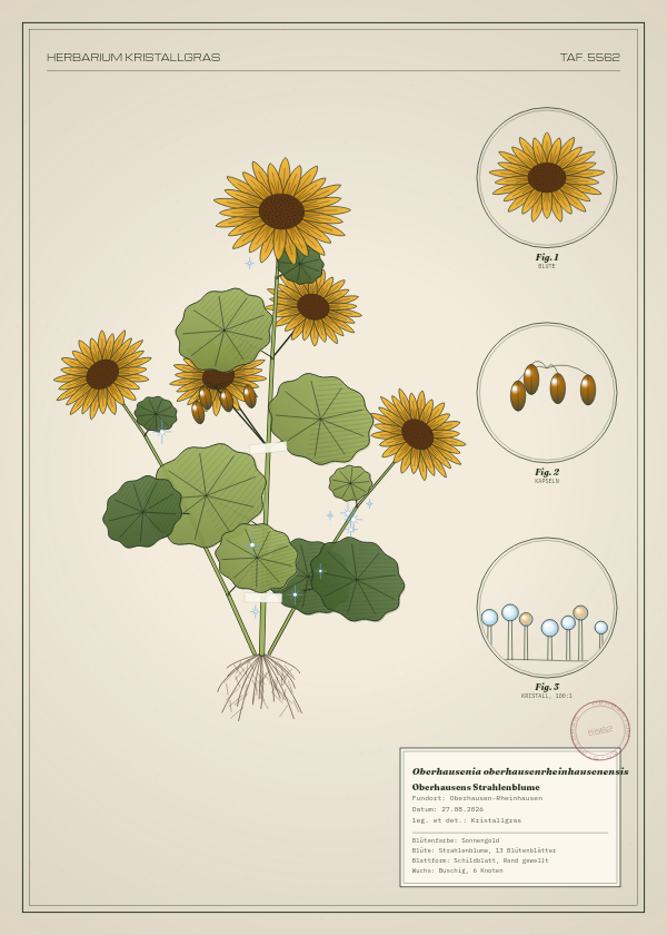 Botanische Tafel: Oberhausenia oberhausenrheinhausenensis, eine erfundene Pflanze aus Oberhausen-Rheinhausen, gezeichnet wie in einem alten Pflanzenatlas