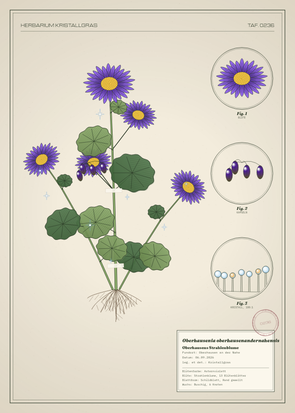 Botanische Tafel: Oberhausenia oberhausenandernahensis, eine erfundene Pflanze aus Oberhausen an der Nahe, gezeichnet wie in einem alten Pflanzenatlas