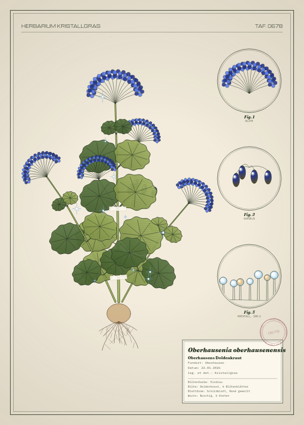 Botanische Tafel: Oberhausenia oberhausenensis, eine erfundene Pflanze aus Oberhausen, gezeichnet wie in einem alten Pflanzenatlas