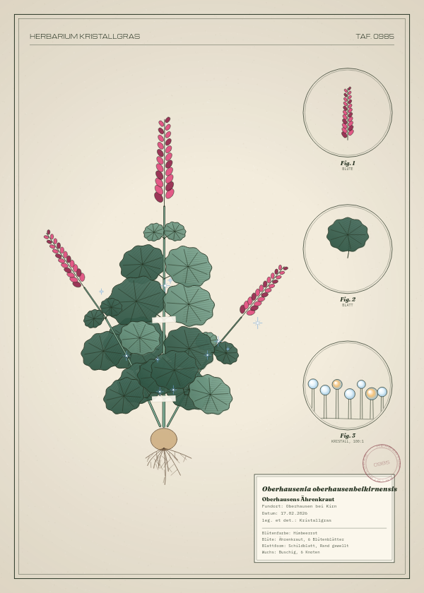 Botanische Tafel: Oberhausenia oberhausenbeikirnensis, eine erfundene Pflanze aus Oberhausen bei Kirn, gezeichnet wie in einem alten Pflanzenatlas