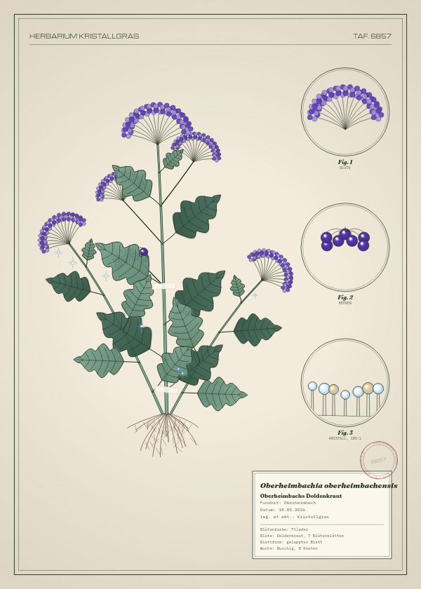 Botanische Tafel: Oberheimbachia oberheimbachensis, eine erfundene Pflanze aus Oberheimbach, gezeichnet wie in einem alten Pflanzenatlas