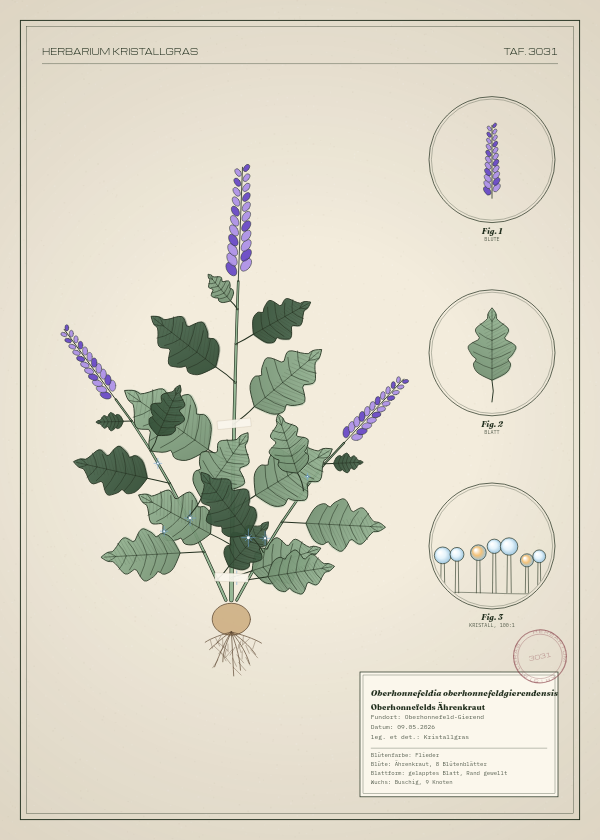 Botanische Tafel: Oberhonnefeldia oberhonnefeldgierendensis, eine erfundene Pflanze aus Oberhonnefeld-Gierend, gezeichnet wie in einem alten Pflanzenatlas