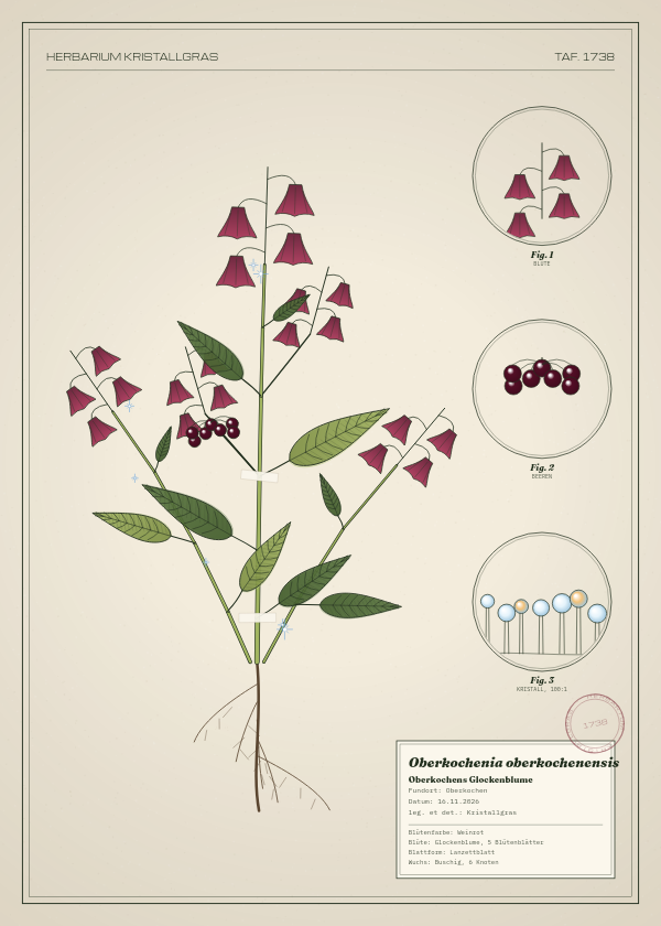 Botanische Tafel: Oberkochenia oberkochenensis, eine erfundene Pflanze aus Oberkochen, gezeichnet wie in einem alten Pflanzenatlas