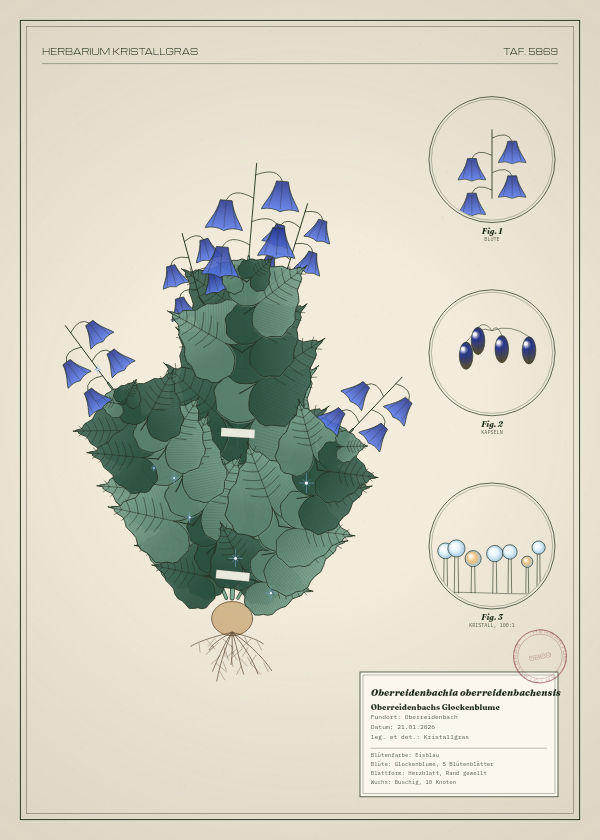 Botanische Tafel: Oberreidenbachia oberreidenbachensis, eine erfundene Pflanze aus Oberreidenbach, gezeichnet wie in einem alten Pflanzenatlas