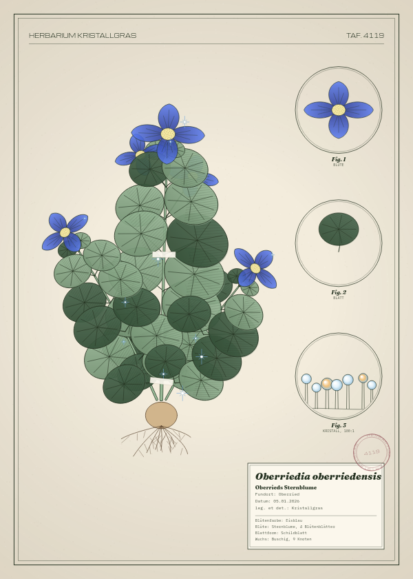 Botanische Tafel: Oberriedia oberriedensis, eine erfundene Pflanze aus Oberried, gezeichnet wie in einem alten Pflanzenatlas