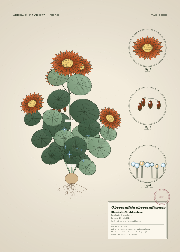 Botanische Tafel: Oberstadtia oberstadtensis, eine erfundene Pflanze aus Oberstadt, gezeichnet wie in einem alten Pflanzenatlas