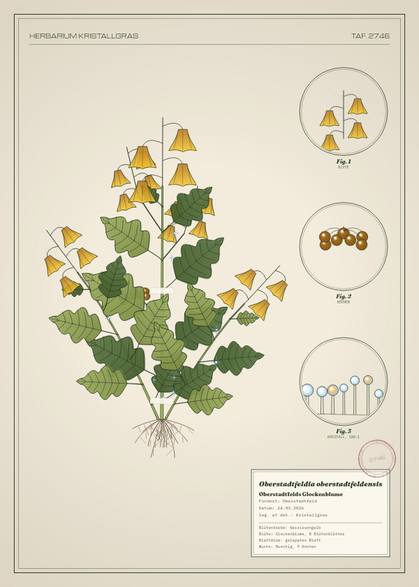 Botanische Tafel: Oberstadtfeldia oberstadtfeldensis, eine erfundene Pflanze aus Oberstadtfeld, gezeichnet wie in einem alten Pflanzenatlas