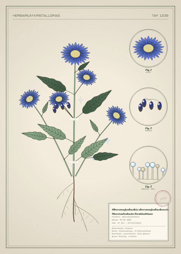 Botanische Tafel: Oberstaufenbachia oberstaufenbachensis, eine erfundene Pflanze aus Oberstaufenbach, gezeichnet wie in einem alten Pflanzenatlas