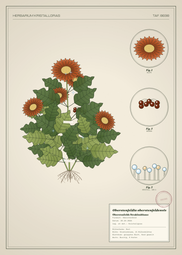 Botanische Tafel: Oberstenfeldia oberstenfeldensis, eine erfundene Pflanze aus Oberstenfeld, gezeichnet wie in einem alten Pflanzenatlas
