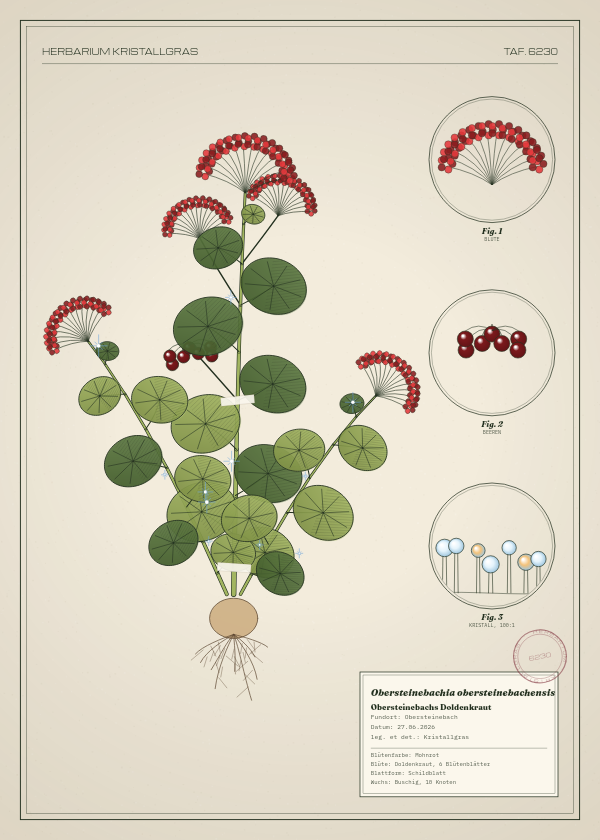 Botanische Tafel: Obersteinebachia obersteinebachensis, eine erfundene Pflanze aus Obersteinebach, gezeichnet wie in einem alten Pflanzenatlas