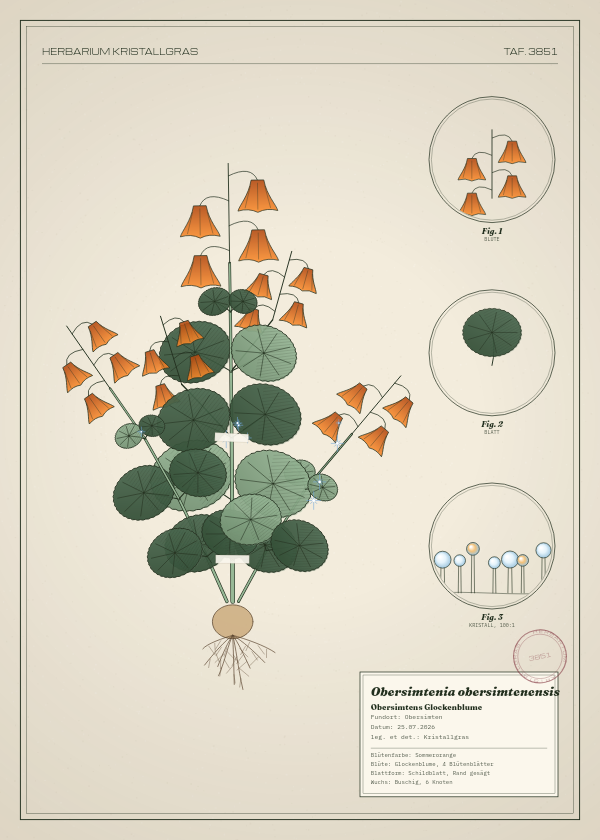 Botanische Tafel: Obersimtenia obersimtenensis, eine erfundene Pflanze aus Obersimten, gezeichnet wie in einem alten Pflanzenatlas