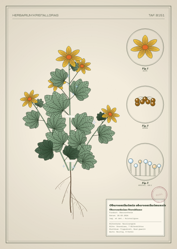 Botanische Tafel: Obersontheimia obersontheimensis, eine erfundene Pflanze aus Obersontheim, gezeichnet wie in einem alten Pflanzenatlas
