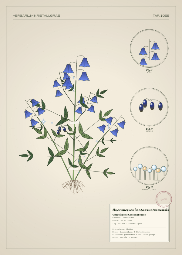 Botanische Tafel: Obersuelzenia obersuelzenensis, eine erfundene Pflanze aus Obersülzen, gezeichnet wie in einem alten Pflanzenatlas