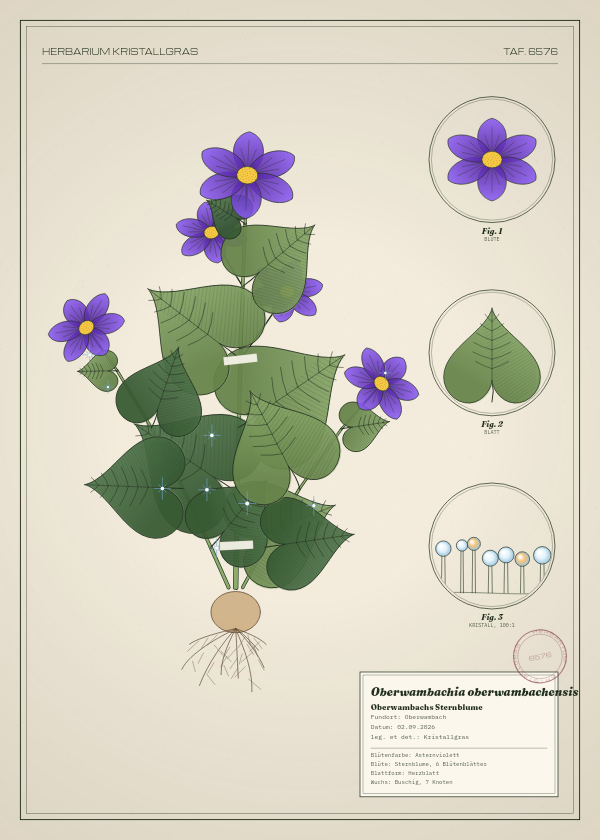 Botanische Tafel: Oberwambachia oberwambachensis, eine erfundene Pflanze aus Oberwambach, gezeichnet wie in einem alten Pflanzenatlas