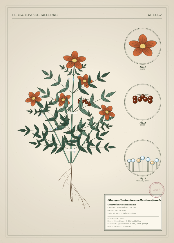 Botanische Tafel: Oberweileria oberweilerimtalensis, eine erfundene Pflanze aus Oberweiler im Tal, gezeichnet wie in einem alten Pflanzenatlas