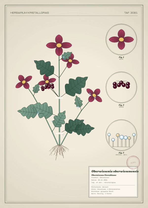 Botanische Tafel: Oberwiesenia oberwiesenensis, eine erfundene Pflanze aus Oberwiesen, gezeichnet wie in einem alten Pflanzenatlas