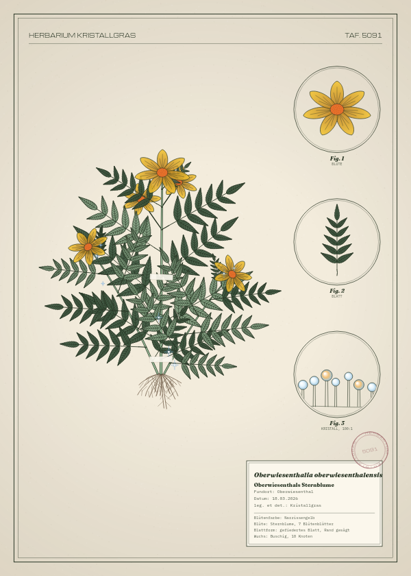 Botanische Tafel: Oberwiesenthalia oberwiesenthalensis, eine erfundene Pflanze aus Oberwiesenthal, gezeichnet wie in einem alten Pflanzenatlas