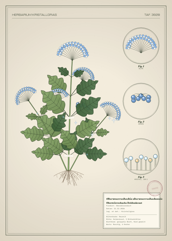 Botanische Tafel: Oberwoerresbachia oberwoerresbachensis, eine erfundene Pflanze aus Oberwörresbach, gezeichnet wie in einem alten Pflanzenatlas