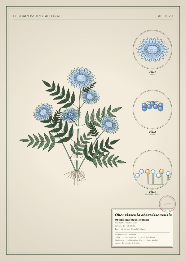 Botanische Tafel: Oberzissenia oberzissenensis, eine erfundene Pflanze aus Oberzissen, gezeichnet wie in einem alten Pflanzenatlas