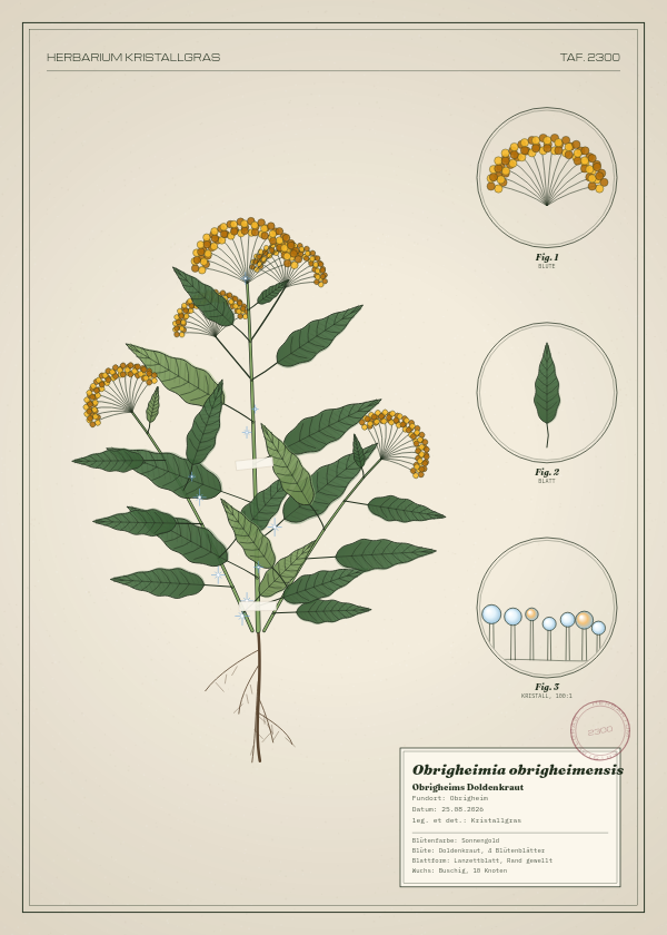 Botanische Tafel: Obrigheimia obrigheimensis, eine erfundene Pflanze aus Obrigheim, gezeichnet wie in einem alten Pflanzenatlas