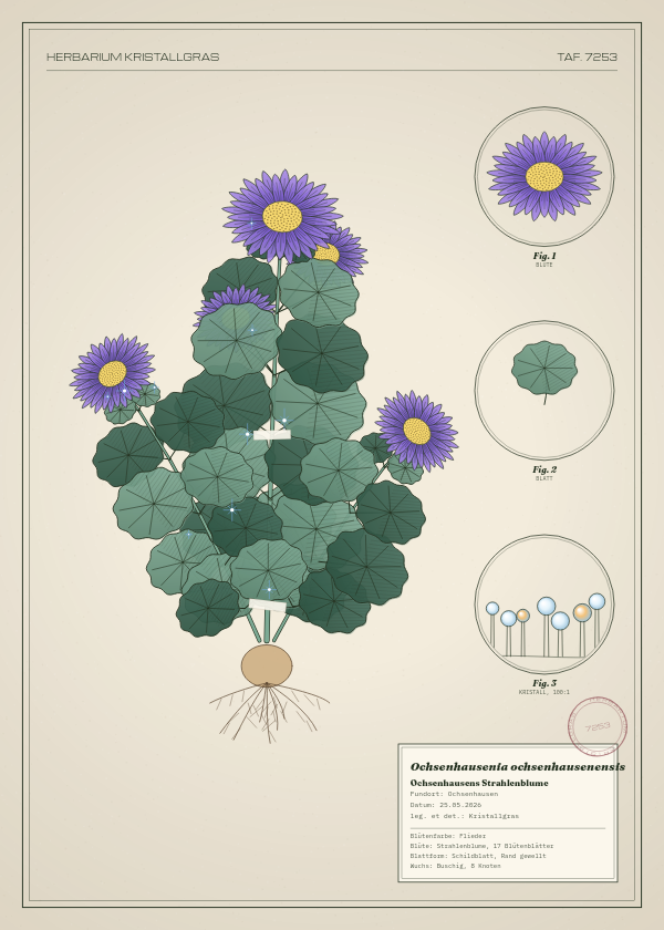 Botanische Tafel: Ochsenhausenia ochsenhausenensis, eine erfundene Pflanze aus Ochsenhausen, gezeichnet wie in einem alten Pflanzenatlas