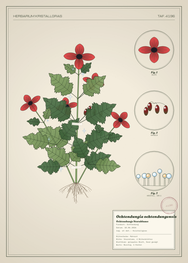 Botanische Tafel: Ochtendungia ochtendungensis, eine erfundene Pflanze aus Ochtendung, gezeichnet wie in einem alten Pflanzenatlas