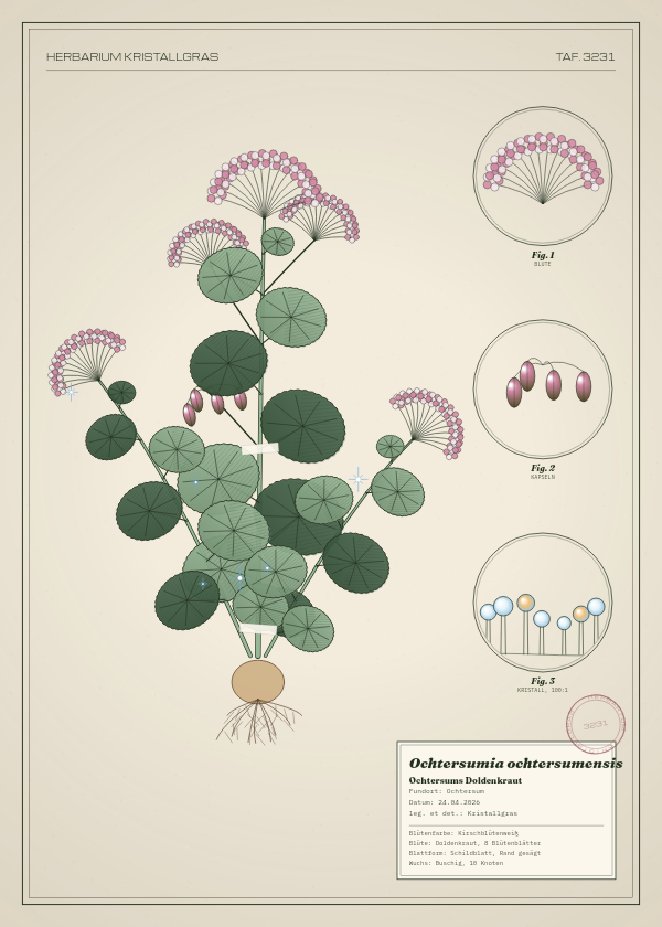 Botanische Tafel: Ochtersumia ochtersumensis, eine erfundene Pflanze aus Ochtersum, gezeichnet wie in einem alten Pflanzenatlas
